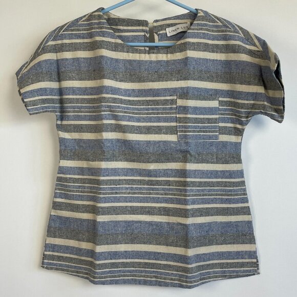 Linen Lux Women Blue Striped Short Sleeve Top Blouse Size XS Pocket Boxy Keyhole - Picture 1 of 9